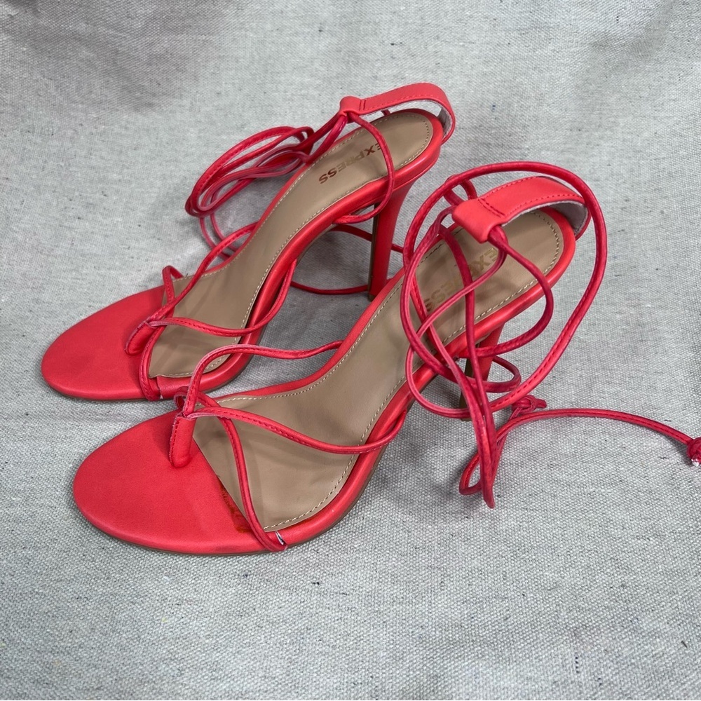 Express Size 8 Coral Lace Up Strappy Open Toe Stiletto Heels Sandals